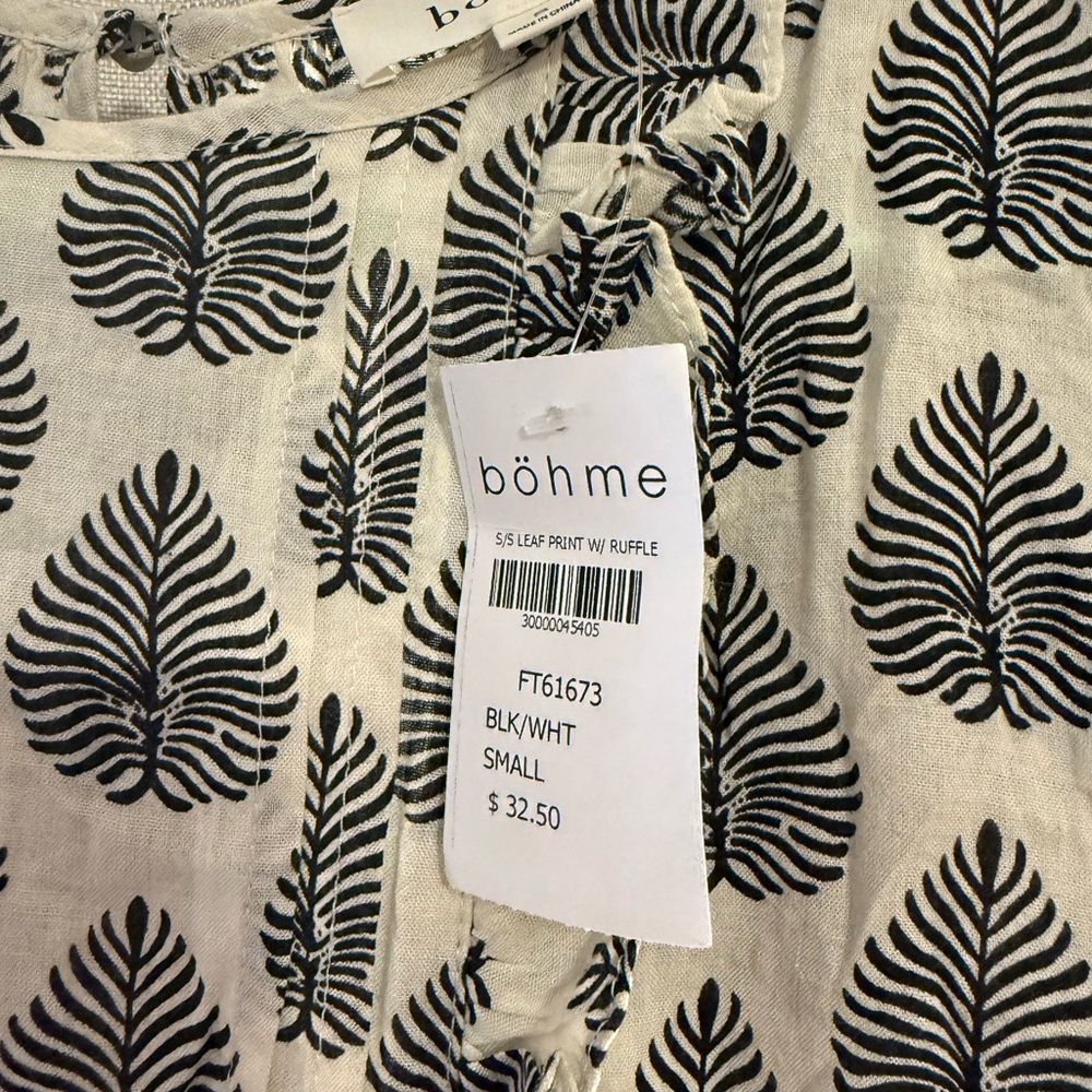 Bohme Short-Sleeve Top with Black Leaf Print S - Picture 3 of 3